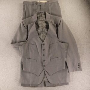 3 Piece Suit 44R L 34x29 Gray Pinstripe Wool Polyester Jacket Vest Pants
